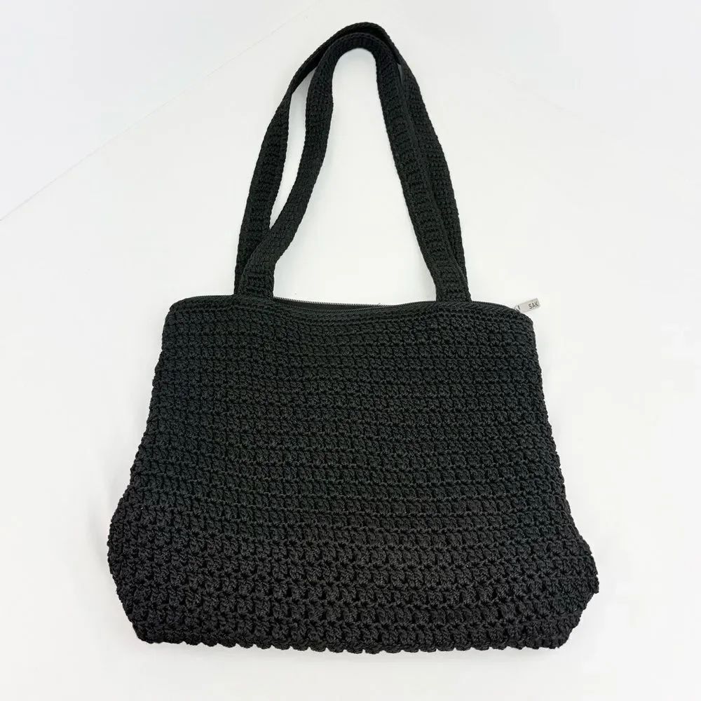 The Sak Black Soft Crochet Knit Double Handle Shoulder Bag